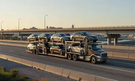 Car transporter with the New Bedford, Massachusetts, United States skyline behind it