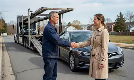 Vehicle owner beside their delivered car in Newton, Massachusetts, United States