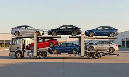 Car transporter parked in an industrial area of Newton, Massachusetts, United States