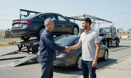 Vehicle owner beside their delivered car in Peabody, Massachusetts, United States