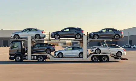 Car transporter parked in an industrial area of Peabody, Massachusetts, United States