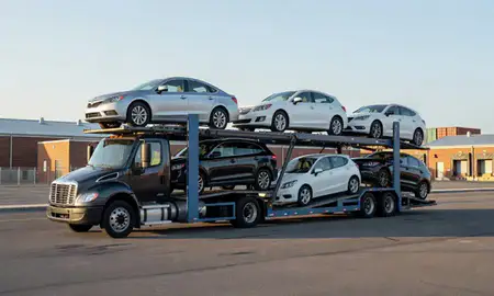 Car transporter loaded with vehicles in Peabody, Massachusetts, United States