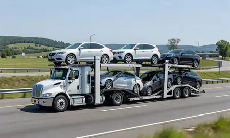 Multi-level car carrier on the highway to Pittsfield, Massachusetts, United States