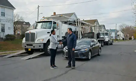 Vehicle owner beside their delivered car in Pittsfield, Massachusetts, United States