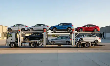 Car transporter parked in an industrial area of Pittsfield, Massachusetts, United States