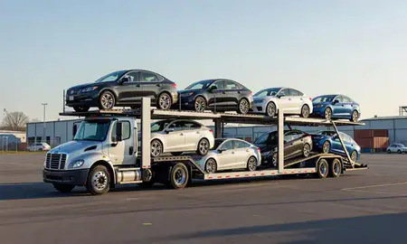 Car transporter loaded with vehicles in Pittsfield, Massachusetts, United States
