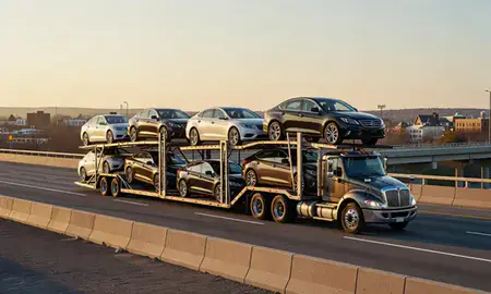 Car transporter with the Pittsfield, Massachusetts, United States skyline behind it