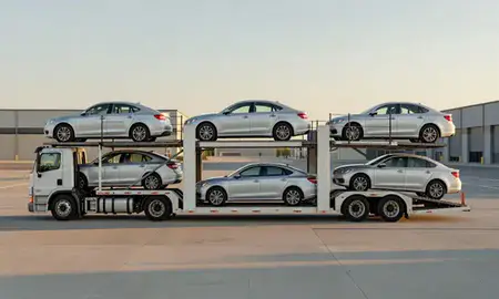 Car transporter parked in an industrial area of Quincy, Massachusetts, United States