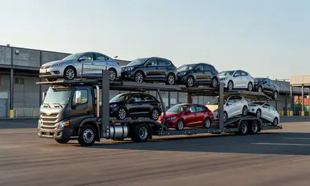 Car transporter loaded with vehicles in Quincy, Massachusetts, United States