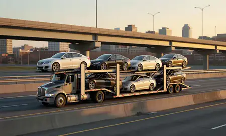 Car transporter with the Quincy, Massachusetts, United States skyline behind it