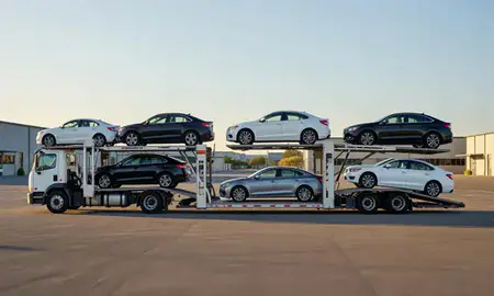Car transporter parked in an industrial area of Revere, Massachusetts, United States