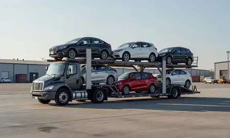 Car transporter loaded with vehicles in Revere, Massachusetts, United States