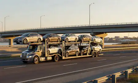 Car transporter with the Revere, Massachusetts, United States skyline behind it