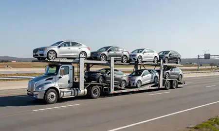 Multi-level car carrier on the highway to Salem, Massachusetts, United States