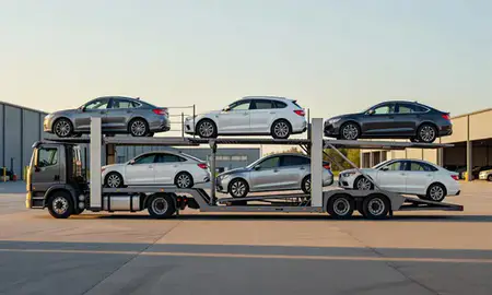 Car transporter parked in an industrial area of Salem, Massachusetts, United States