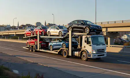 Car transporter with the Salem, Massachusetts, United States skyline behind it