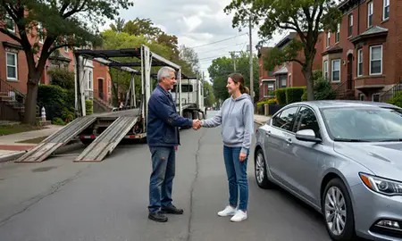 Vehicle owner beside their delivered car in Somerville, Massachusetts, United States