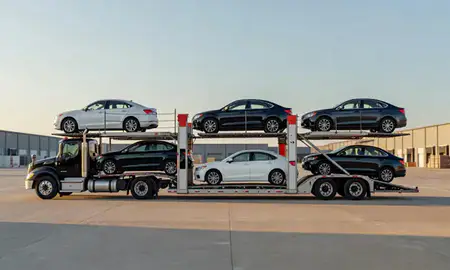 Car transporter parked in an industrial area of Somerville, Massachusetts, United States