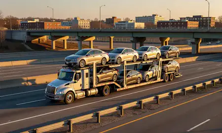 Car transporter with the Somerville, Massachusetts, United States skyline behind it