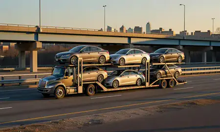 Car transporter with the Springfield, Massachusetts, United States skyline behind it