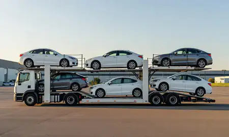Car transporter parked in an industrial area of Taunton, Massachusetts, United States