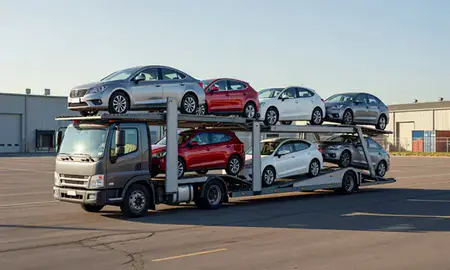 Car transporter loaded with vehicles in Taunton, Massachusetts, United States