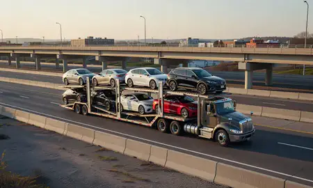 Car transporter with the Taunton, Massachusetts, United States skyline behind it