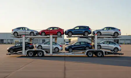 Car transporter parked in an industrial area of Waltham, Massachusetts, United States