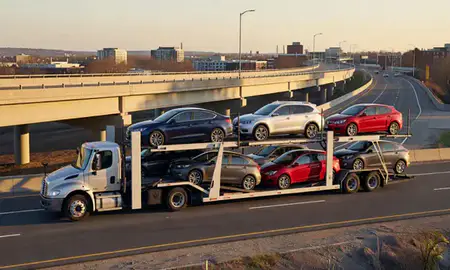 Car transporter with the Waltham, Massachusetts, United States skyline behind it
