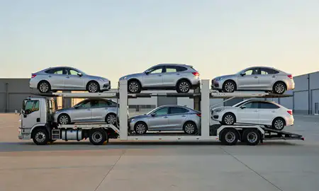 Car transporter parked in an industrial area of Worcester, Massachusetts, United States