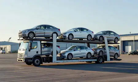 Car transporter loaded with vehicles in Worcester, Massachusetts, United States