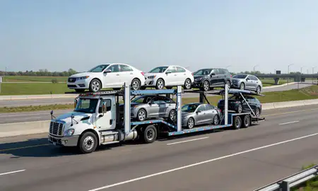 Multi-level car carrier on the highway to Michigan, United States