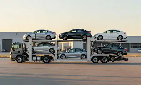 Car transporter parked in an industrial area of Michigan, United States
