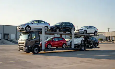 Car transporter loaded with vehicles in Michigan, United States