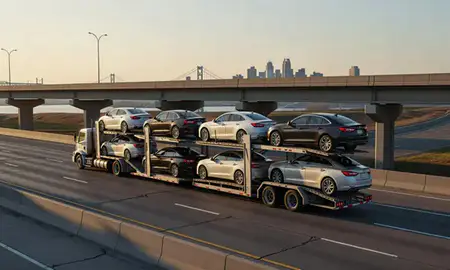 Car transporter with the Michigan, United States skyline behind it