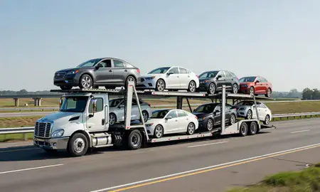 Multi-level car carrier on the highway to Ann Arbor, Michigan, United States