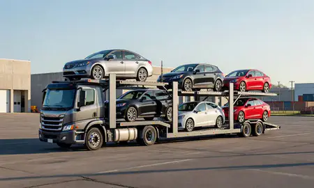 Car transporter loaded with vehicles in Ann Arbor, Michigan, United States