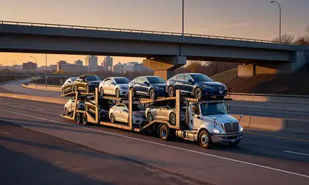 Car transporter with the Ann Arbor, Michigan, United States skyline behind it