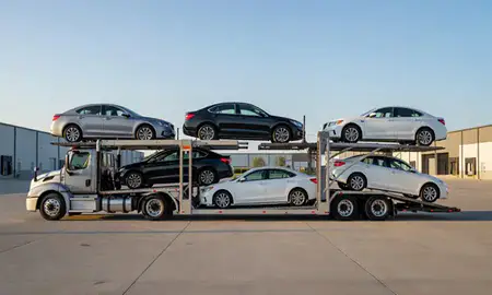 Car transporter parked in an industrial area of Battle Creek, Michigan, United States