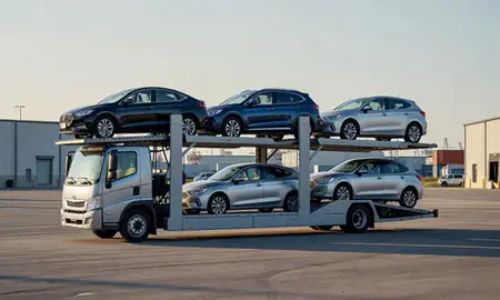 Car transporter loaded with vehicles in Battle Creek, Michigan, United States