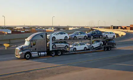Car transporter with the Battle Creek, Michigan, United States skyline behind it