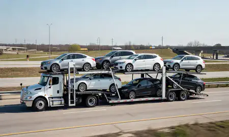 Multi-level car carrier on the highway to Bay City, Michigan, United States