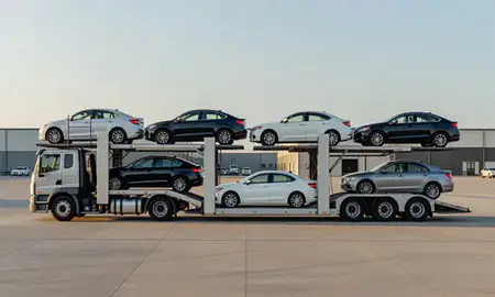 Car transporter parked in an industrial area of Bay City, Michigan, United States