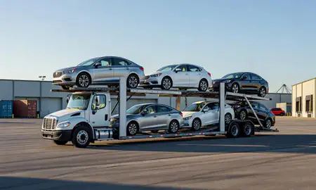 Car transporter loaded with vehicles in Bay City, Michigan, United States