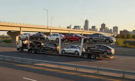 Car transporter with the Bay City, Michigan, United States skyline behind it