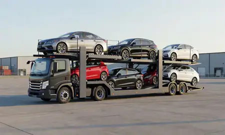 Car transporter loaded with vehicles in Dearborn Heights, Michigan, United States