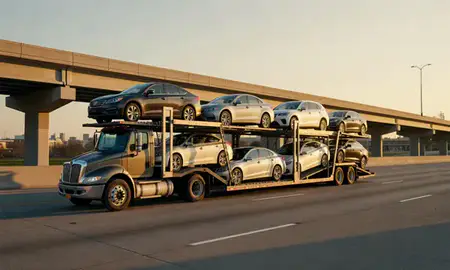 Car transporter with the Dearborn Heights, Michigan, United States skyline behind it