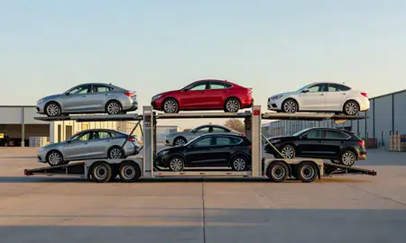 Car transporter parked in an industrial area of Dearborn, Michigan, United States