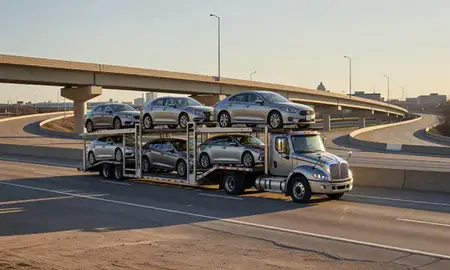 Car transporter with the Dearborn, Michigan, United States skyline behind it