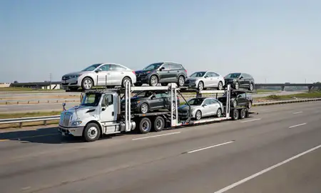 Multi-level car carrier on the highway to Detroit, Michigan, United States